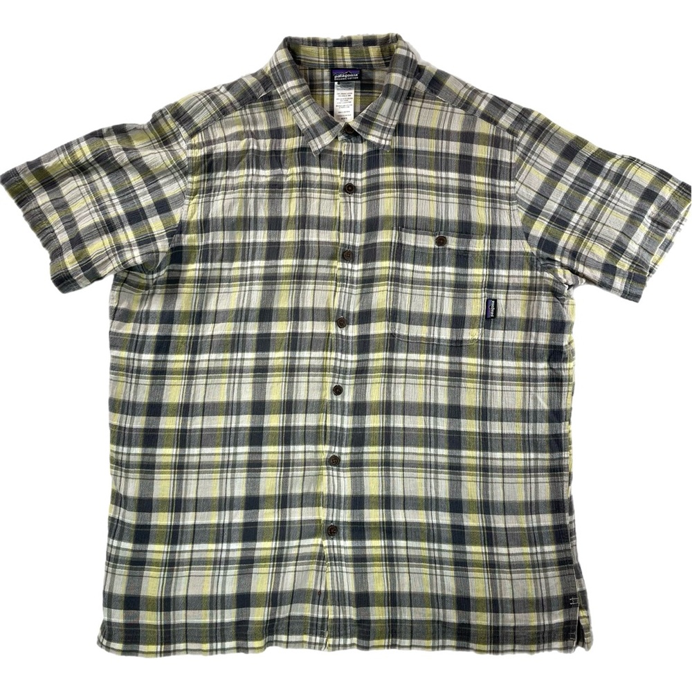 Patagonia Shirt Mens L Short Sleeve Button Down Plaid Gray Yellow Organic Cotton